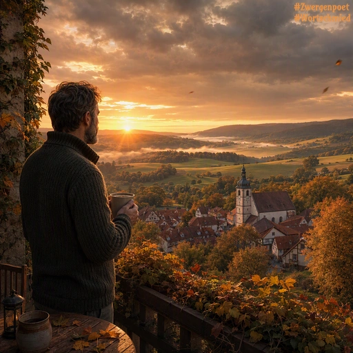 Ein bärtiger Mann mit einer Kaffeetasse blickt von einem Balkon über ein herbstliches Dorf mit Kirche und hügeliger Landschaft im Licht des Sonnenaufgangs.